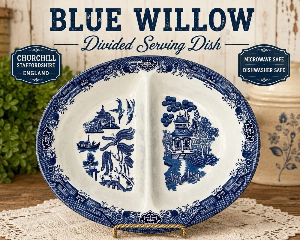 Churchill England BLUE WILLOW Divided Oval Vegetable Serving Dish Bowl 10